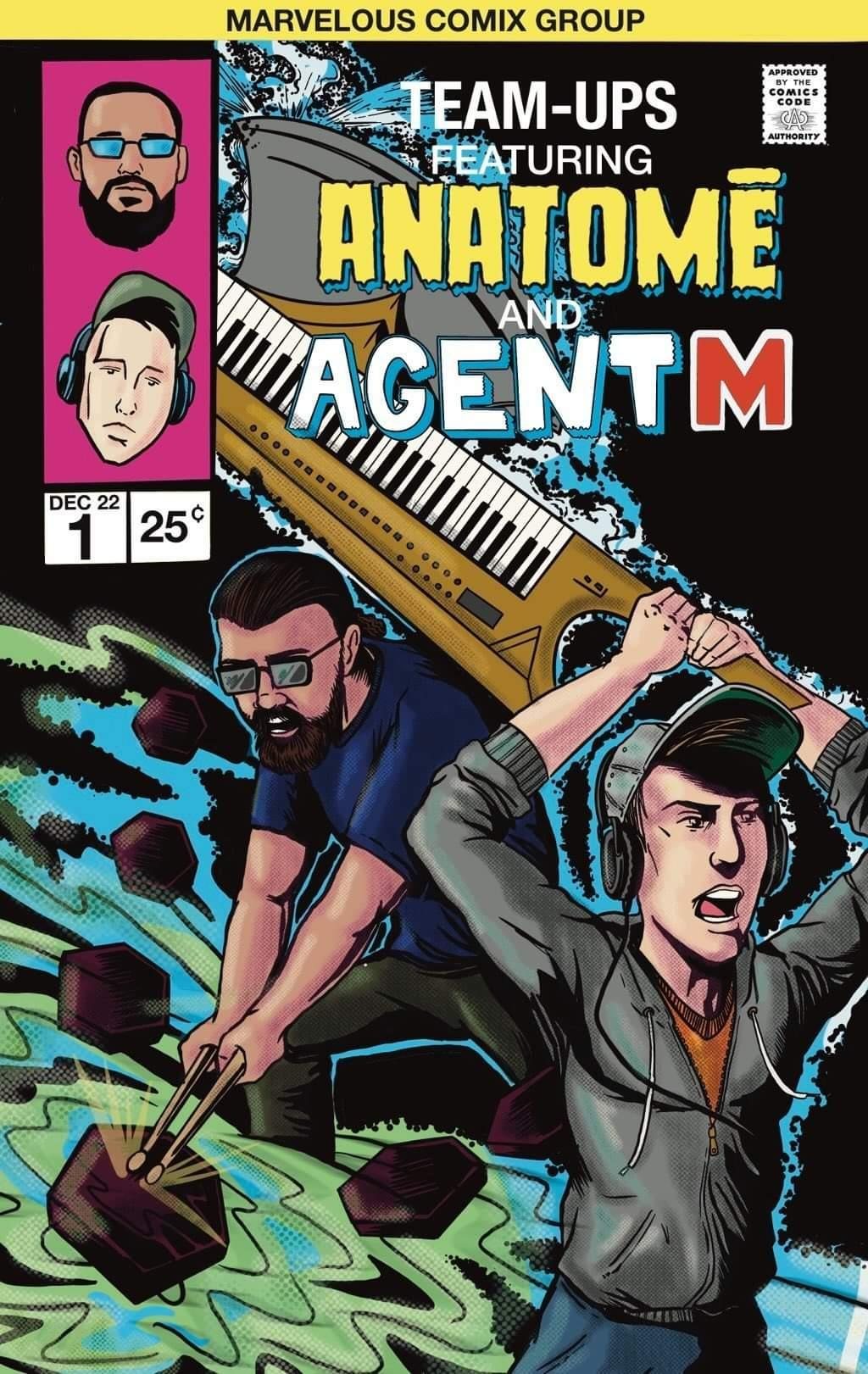 Comic book cover: Team-Ups featuring Anatomē and Agent M, issue 1. Anatomē plays drums while Agent M swings a keytar.